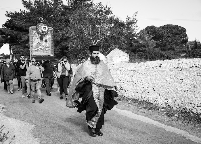 The Icon of Panagia Myrtidiodissa being carried through the villages at Easter time in Kythira Greece