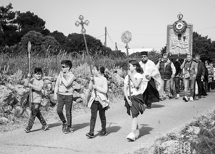 The Icon of Panagia Myrtidiodissa being carried through the villages at Easter time in Kythira Greece
