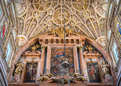 Christian altar inside the Mosque-Cathedral of Córdoba, blending Islamic and Christian architectural elements.