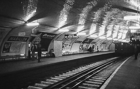 Nearly empty platform of the Paris Metro in 1974.