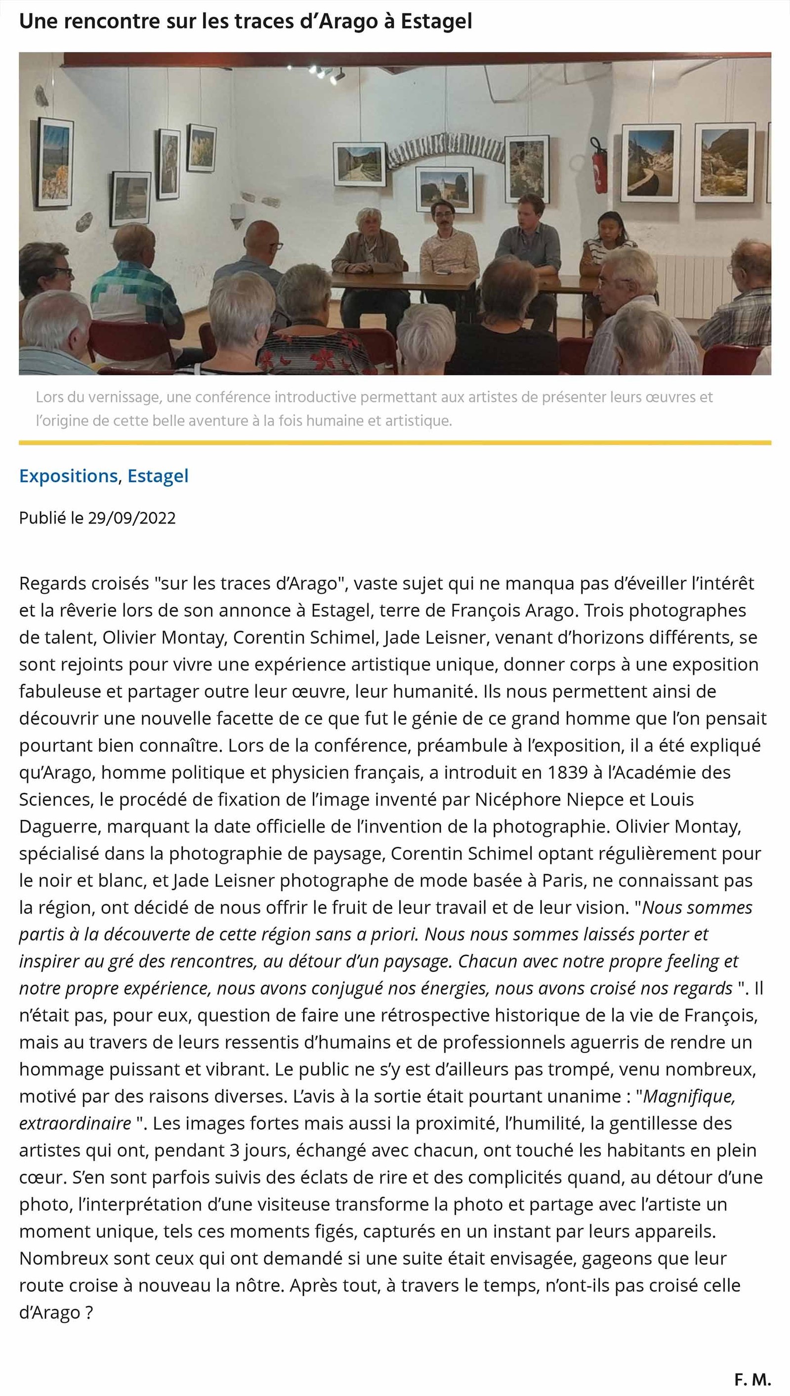 Article de l'Indépendant suite à l'exposition "Regards croisés : sur les traces de François Arago", tenue salle Mandela à Estagel les 17 et 18 septembre 2022. Photographes Olivier Montay, Jade Leisner et Corentin Schimel