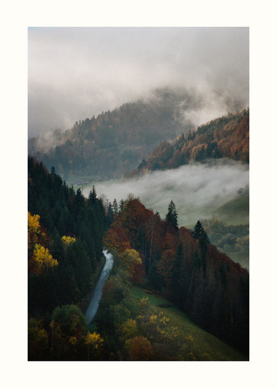 Fine Art print edition of 7 signed & numbered. 50x70 or 30x40 cm on Hahnemühle Bright White paper. Olivier Montay photographer. A wet road soars through trees of fall colors while large swirls of mist partially cover valleys. Film photography
