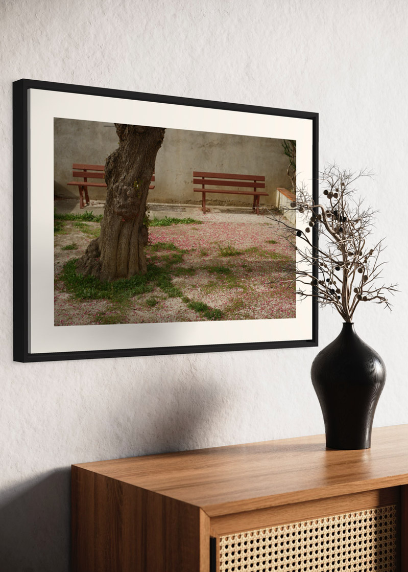 Estagel#02. Fine art print. Large 50x70cm format hung on a wall above a sideboard. Vase with dried flowers. Photograph.
Tirage d’art. Grand format 50 par 70 centimètres, accroché au mur au-dessus d’un buffet. Vase et fleurs séchées. Photographie