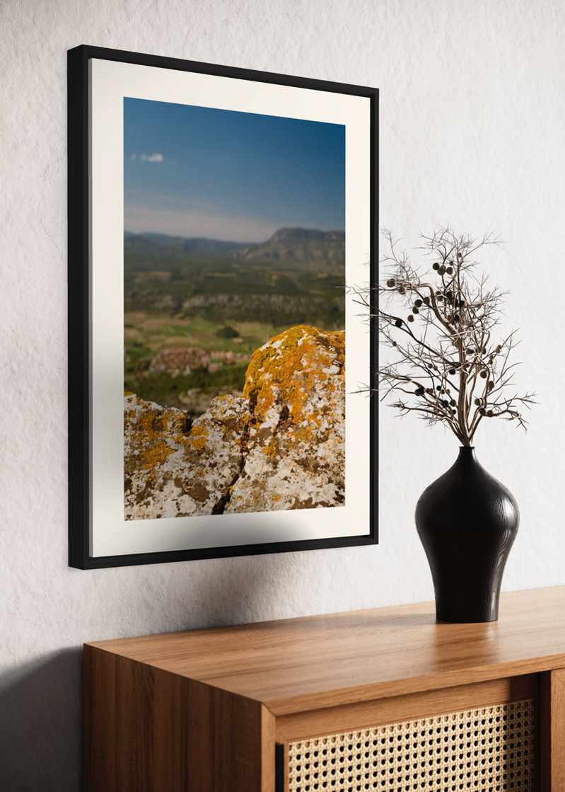 Tautavel#01. Fine art print. Large 50x70cm format hung on a wall above a sideboard. Vase with dried flowers. Photograph.
Tirage d’art. Grand format 50 par 70 centimètres, accroché au mur au-dessus d’un buffet. Vase et fleurs séchées. Photographie