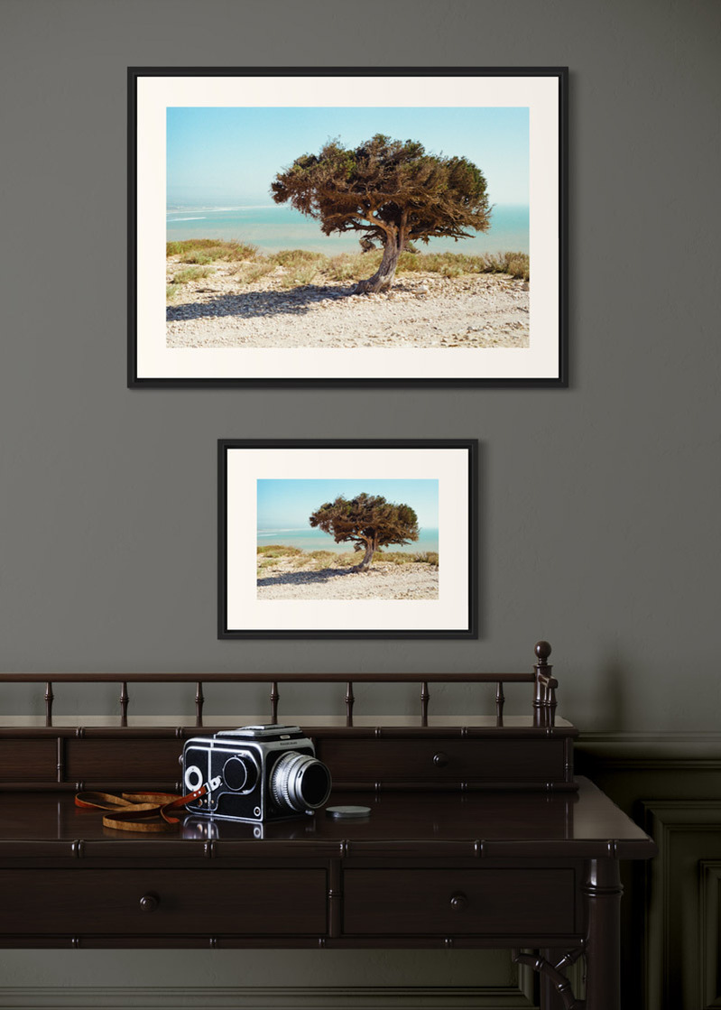 Essaouira#02. Fine art print. Side by side comparison. Large 50x70cm and small 30x40cm formats. Photograph. Wooden console with a medium format camera.
Tirage d’art. Comparaison grand format 50 par 70 centimètres et petit format 30x40cm. Photographie