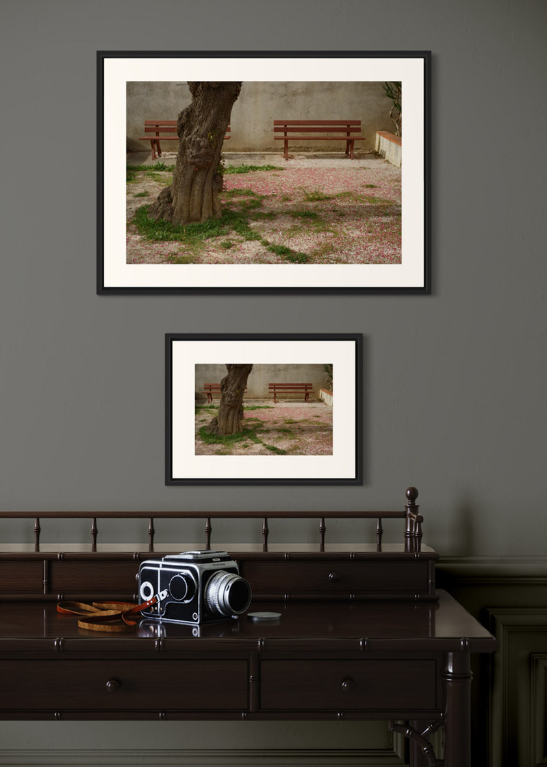 Estagel#02. Fine art print. Side by side comparison. Large 50x70cm and small 30x40cm formats. Photograph. Wooden console with a medium format camera.
Tirage d’art. Comparaison grand format 50 par 70 centimètres et petit format 30x40cm. Photographie
