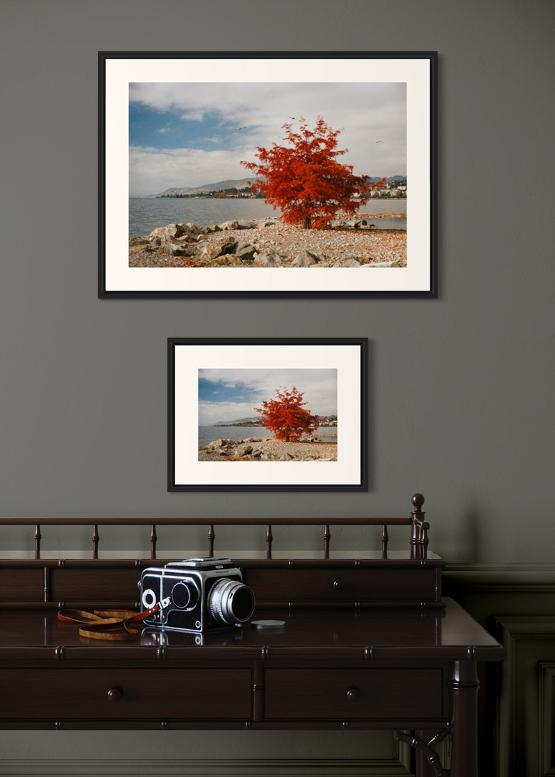 Switzerland#01. Fine art print. Side by side comparison. Large 50x70cm and small 30x40cm formats. Photograph. Wooden console with a medium format camera.
Tirage d’art. Comparaison grand format 50 par 70 centimètres et petit format 30x40cm. Photographie.