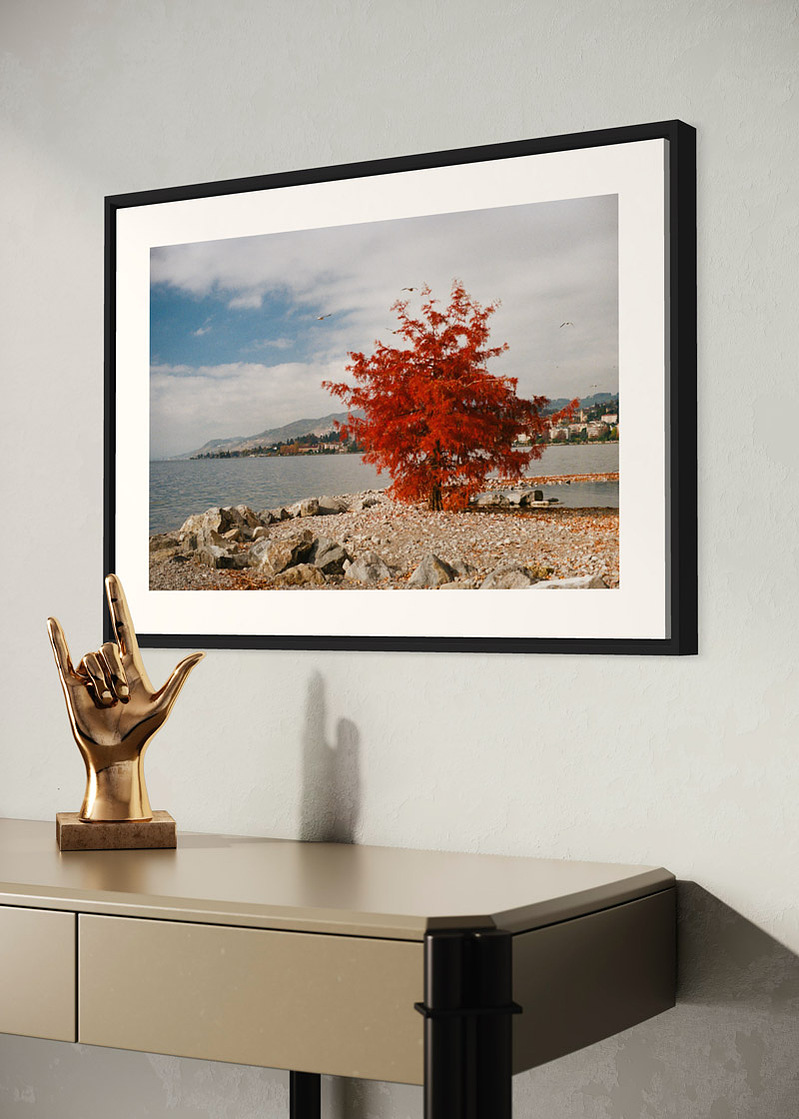 Switzerland#01. Fine art print. Large 50x70cm format hung on a wall above a console. Golden sculpture of a hand. Photograph.
Tirage d’art. Grand format 50 par 70 centimètres, accroché au-dessus d’une console. Sculpture dorée d’une main. Photographie.