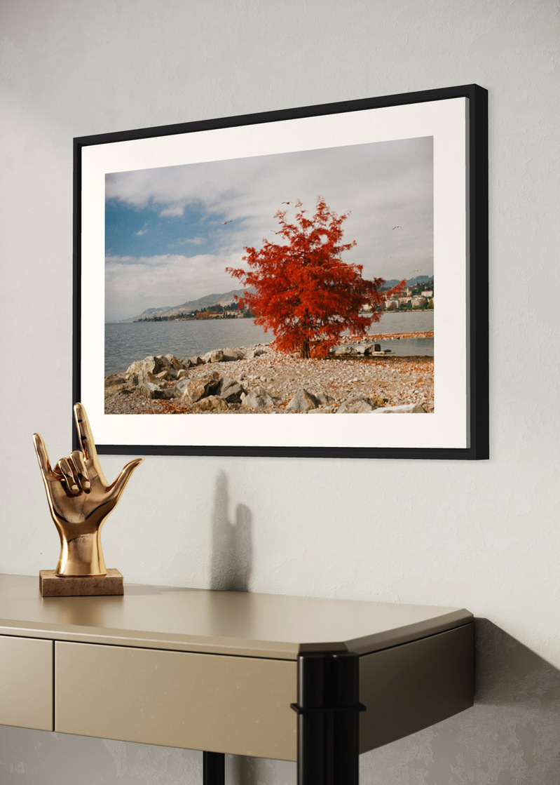 Switzerland#01. Fine art print. Large 50x70cm format hung on a wall above a console. Golden sculpture of a hand. Photograph.
Tirage d’art. Grand format 50 par 70 centimètres, accroché au-dessus d’une console. Sculpture dorée d’une main. Photographie.