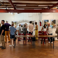People gathered at the opening of the exhibition "Regards Croisés : sur les traces de François Arago", 2022 September 16th, Espace Mandela, France, Occitanie, Pyrénées Orientales, Estagel.
Vernissage exposition, 16 septembre