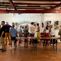 People gathered at the opening of the exhibition "Regards Croisés : sur les traces de François Arago", 2022 September 16th, Espace Mandela, France, Occitanie, Pyrénées Orientales, Estagel.
Vernissage exposition, 16 septembre
