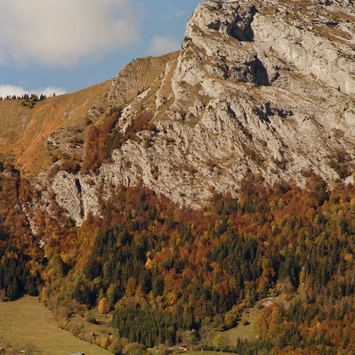 A mountain brightly light. Slopes covered by an autumn vegetation of yellow, beige and green hues. At the bottom of the slope, a chalet in a grassy clearing. France, Auvergne-Rhône-Alpes, Haute-Savoie, Thônes, 2021
Montagne en automne avec un chalet