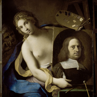 Donna che ha dipinto ritratto d' uomo.  Bologna Pinacoteca .   Gian Domenico Cerrini (1609-1681) è stato un pittore italiano del XVII secolo. È conosciuto principalmente per i suoi dipinti di soggetti religiosi e mitologici. 