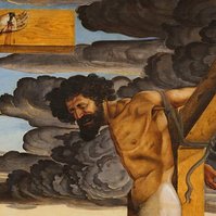 a thief beside Christ.Pala delle tre croci  Crocifissione con San Girolamo e San Francesco  alla Galleria Estense  Modena,Italia  a story between religion and renaissance