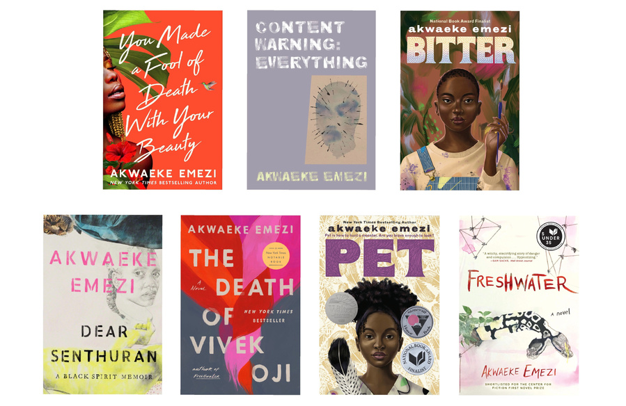 the book covers of Akwaeke Emezi's seven books