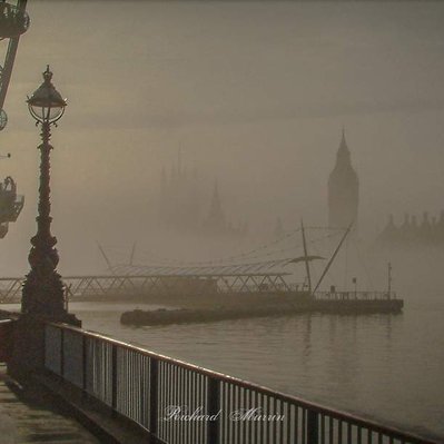 A high quality print available to buy of the River Thames, London Eye and Big Ben surrounded by mist.
