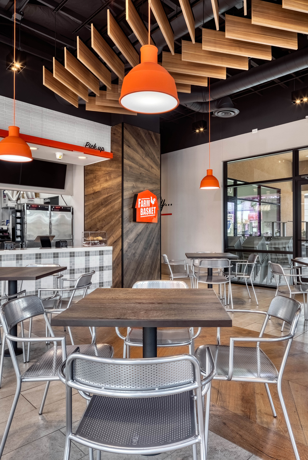 Front of house design and furnishings for Farm Basket restaurant.