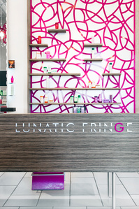 Graphic pattern and signage for Lunatic Fringe salon