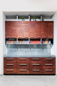 Custom color bar in oiled tropical hardwood and galvanized metal counter and accents