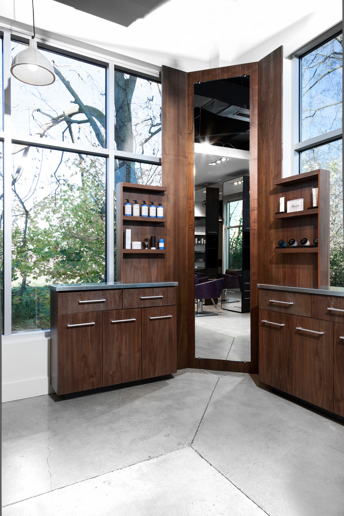 Barbering station and product shelving