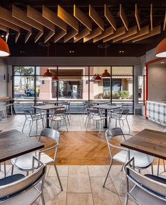 Ceiling cloud design, build and installation at Farm Basket restaurant in Las Vegas, NV.