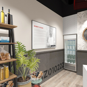 Retail fixture and environmental graphic design for Bobby Chez restaurant franchise