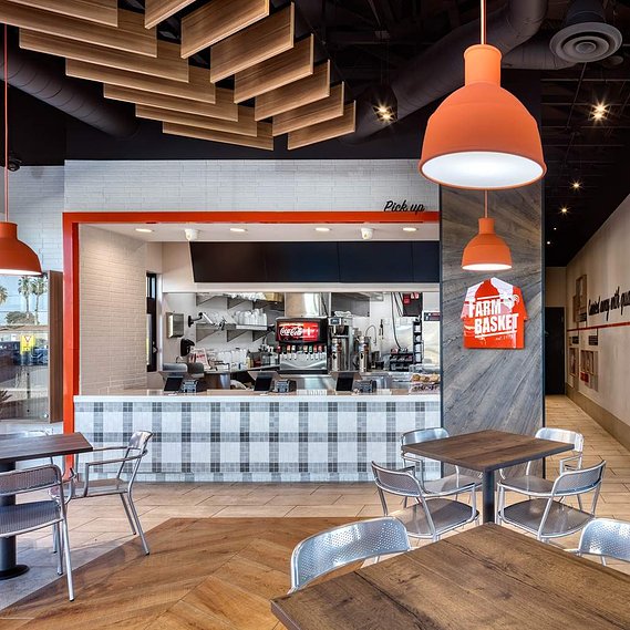 Store fixtures and decor for Farm Basket restaurant.