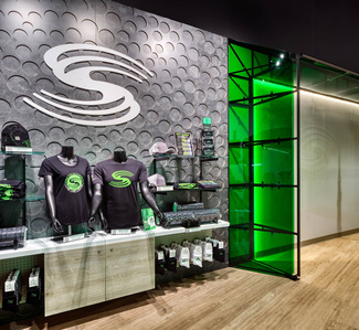 Retail, merchandising and logo wall for Stretch Authority health and wellness franchise.