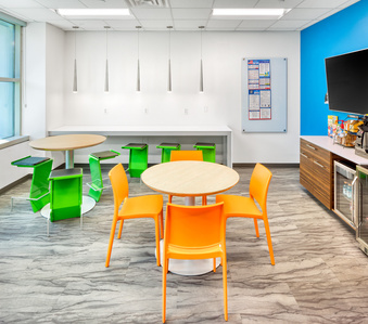 Break room interior design, cabinetry and furnishings.