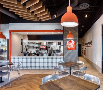 Dining area and order counter at Farm Basket restaurant in las Vegas, NV.