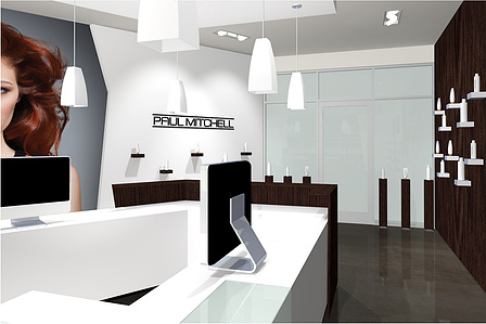 Merchandise display design concept for Paul Mitchell distributorship store