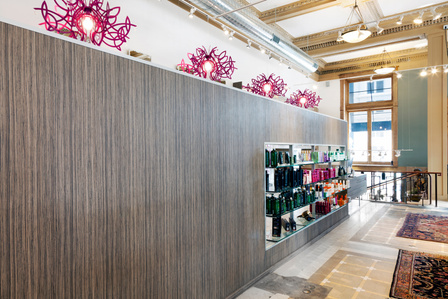 Wall system and retail shelving millwork for Lunatic Fringe salon