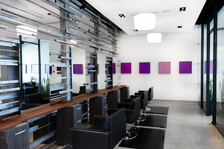 Decorative and structural salon station wall designed and fabricated for Spectrum salon