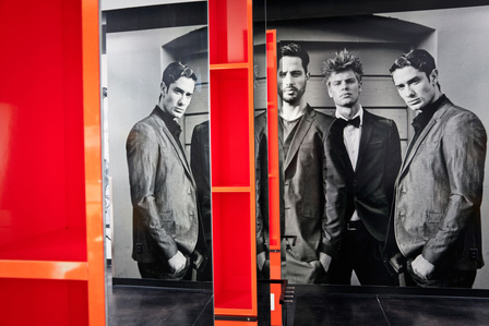 Salon styling stations and large print wall graphic