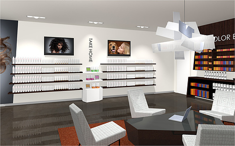 Interior design concepts for retail and educational area in Paul Mitchell distributorship