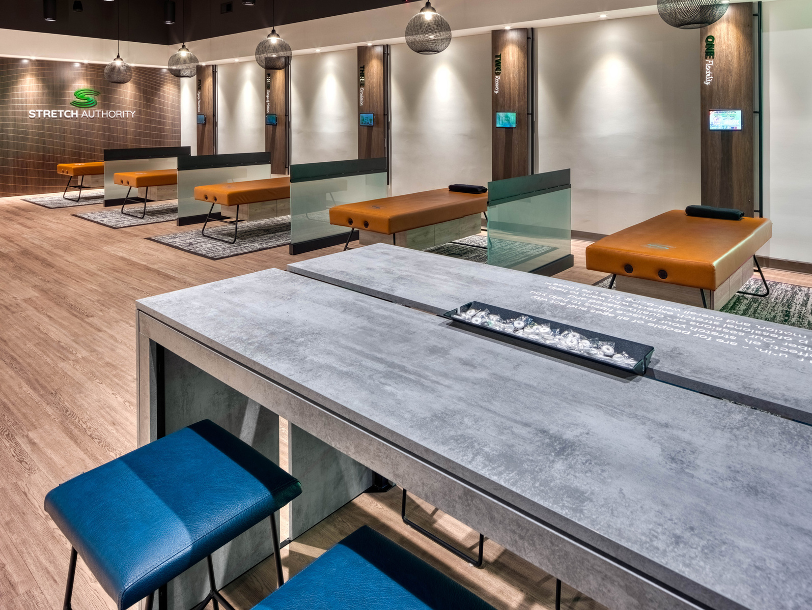 Interior view of Stretch Authority franchise interiors and furnishings
