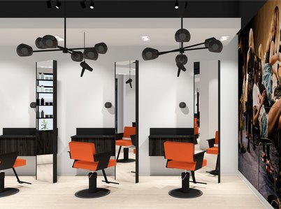 Custom styling chair and styling station design for Frankie salon franchise