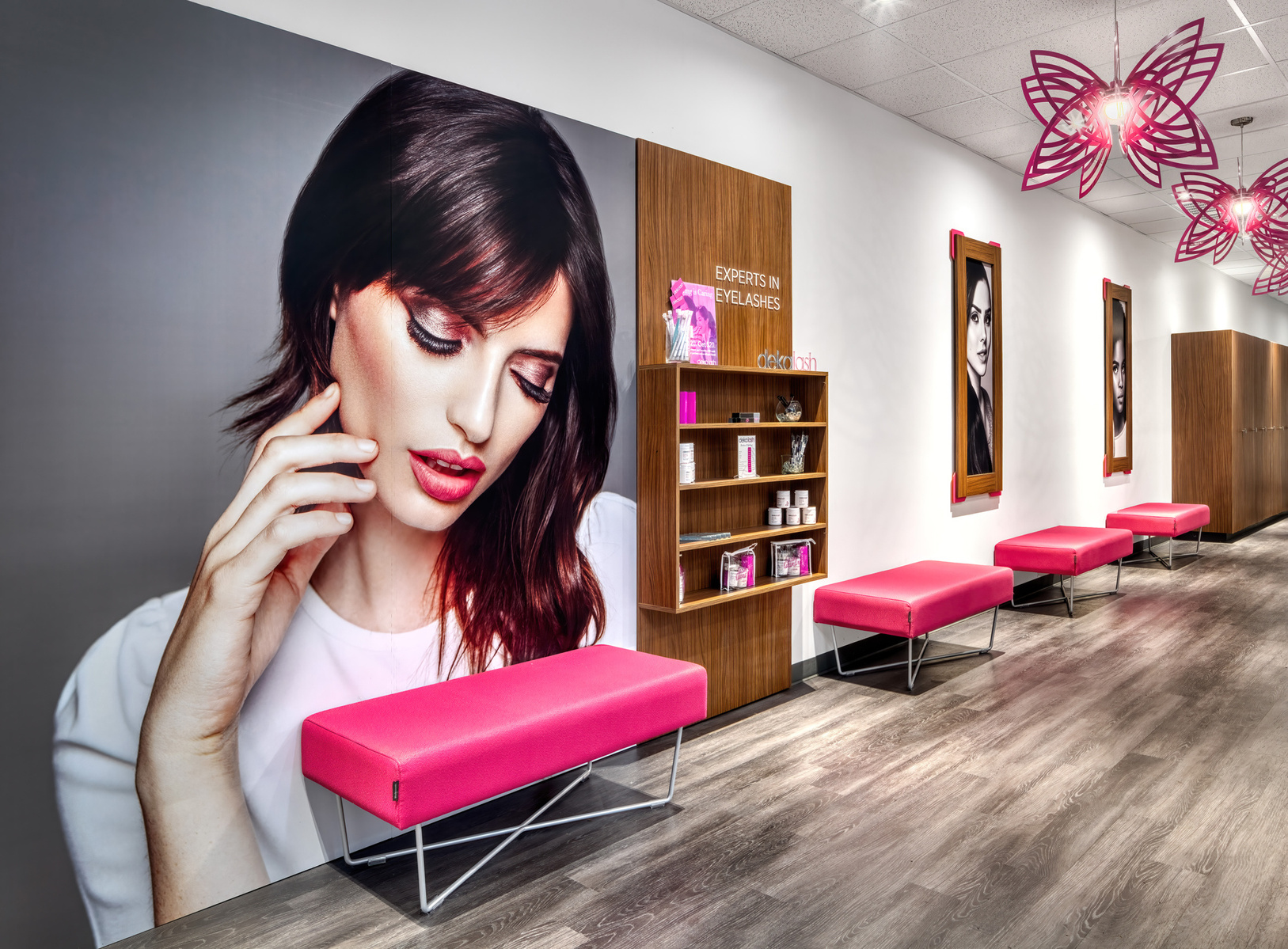 Upholstered reception seating and framed images