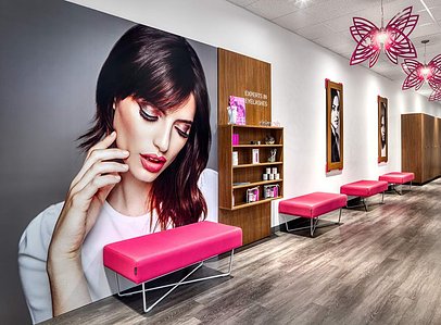 Upholstered reception seating and framed images