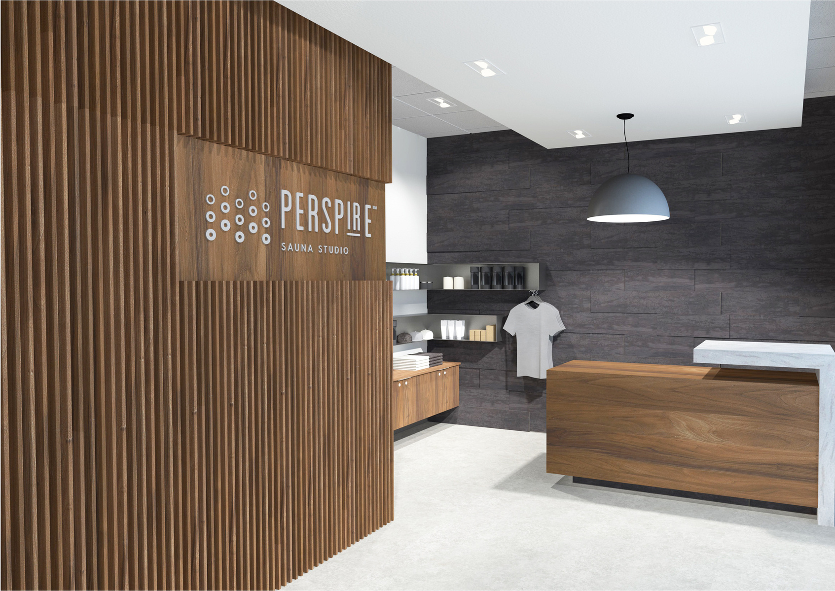 Reception area, desk, retail and merchandising, decorative wall and signage