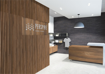 Reception area, desk, retail and merchandising, decorative wall and signage