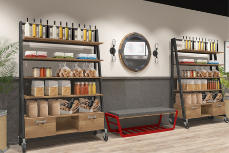Merchandising and retail fixture design concepts for Bobby Chez restaurant franchise