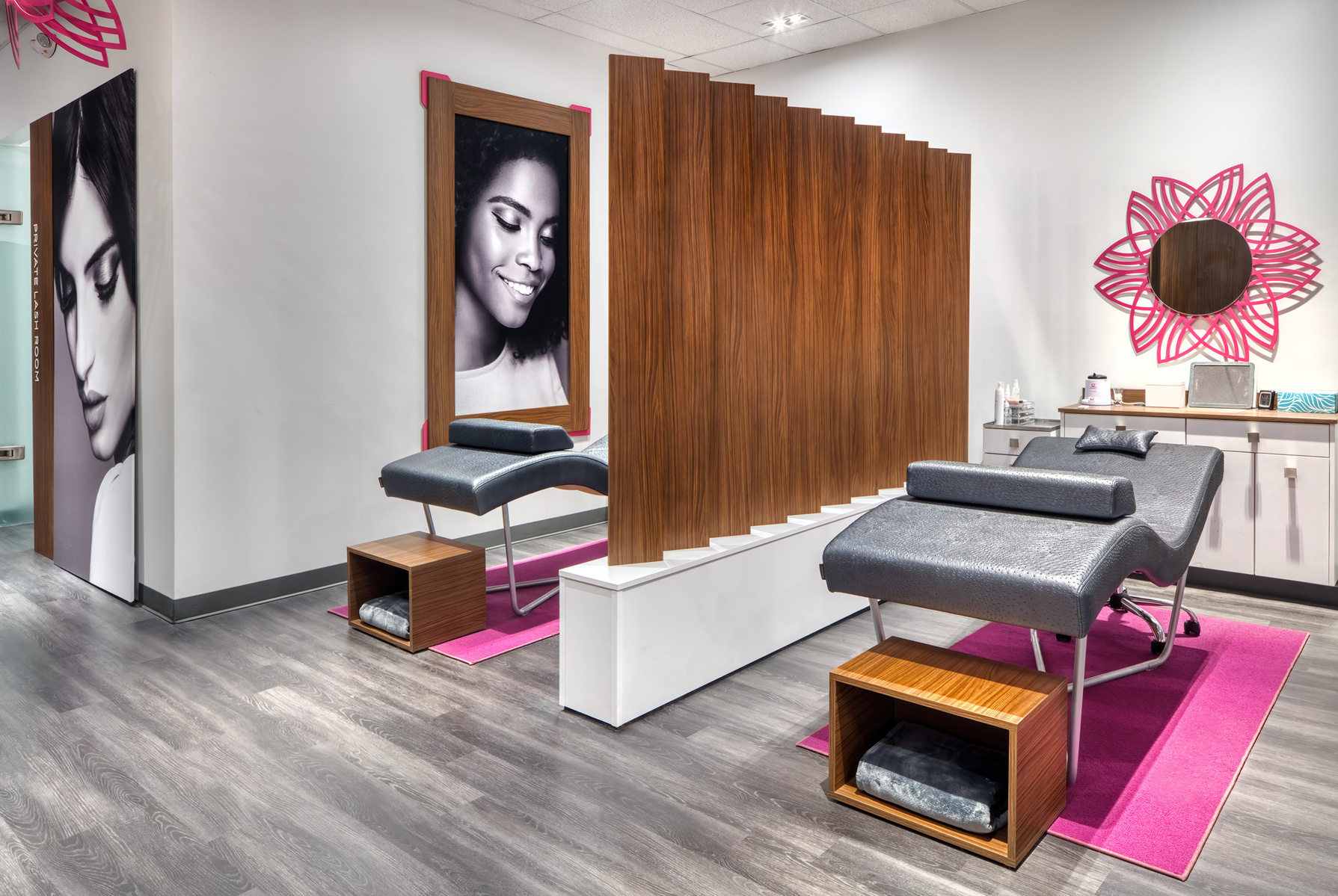Lash extension station with custom bed and millwork