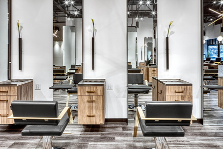 Modern salon stations and chairs for Lunatic Fringe Salon franchise