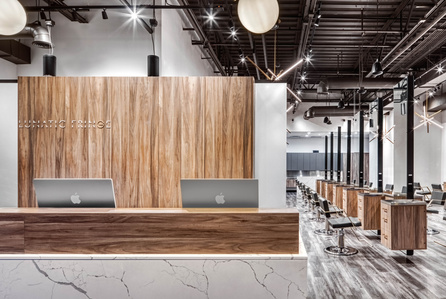 Modern reception desk design in quartz and wood grain for Lunatic Fringe Salon franchise