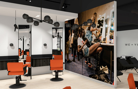 Custom styling stations and chairs designed for Frankie salon franchise