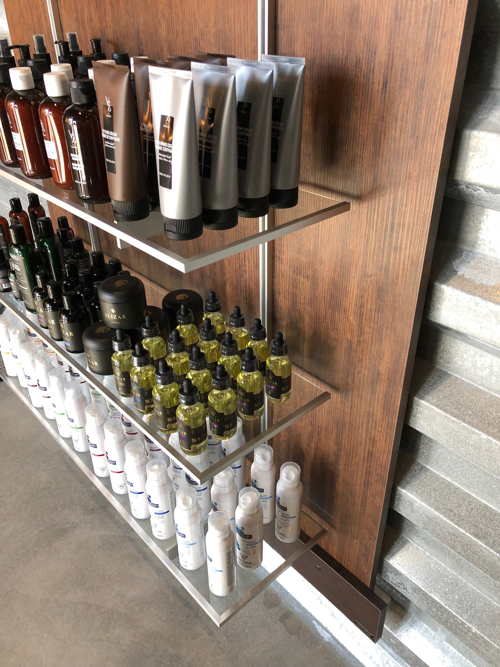 Retail shelving fixture detail for Hammer and Nails Grooming