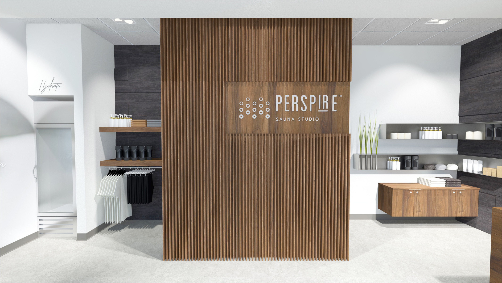 Wellness franchise retail and merchandising fixtures.
