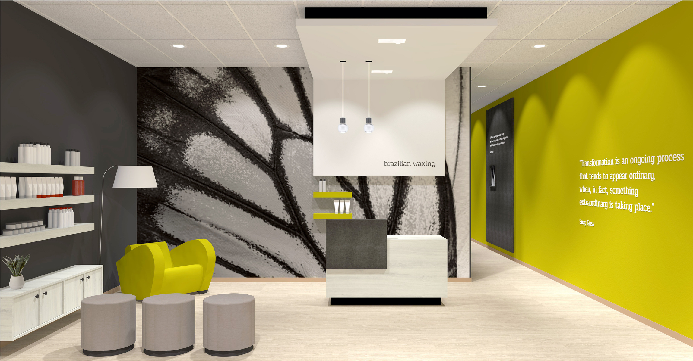 Waxing studio reception and retail interior design and branding