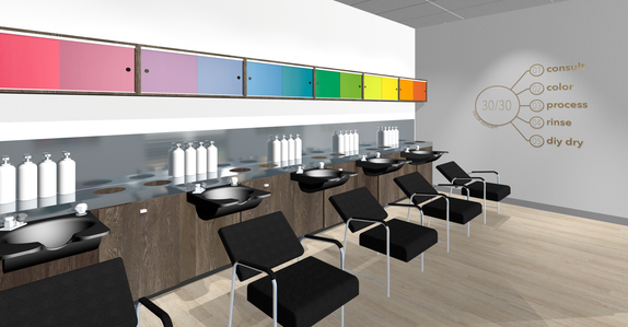 Salon shampoo area design and furniture for ColorOnly franchise.